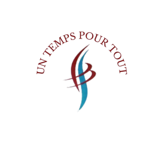 logo un temps pour tout detouré Logo avec l’inscription « UN TEMPS POUR TOUT » entourant un symbole abstrait en rouge et bleu.