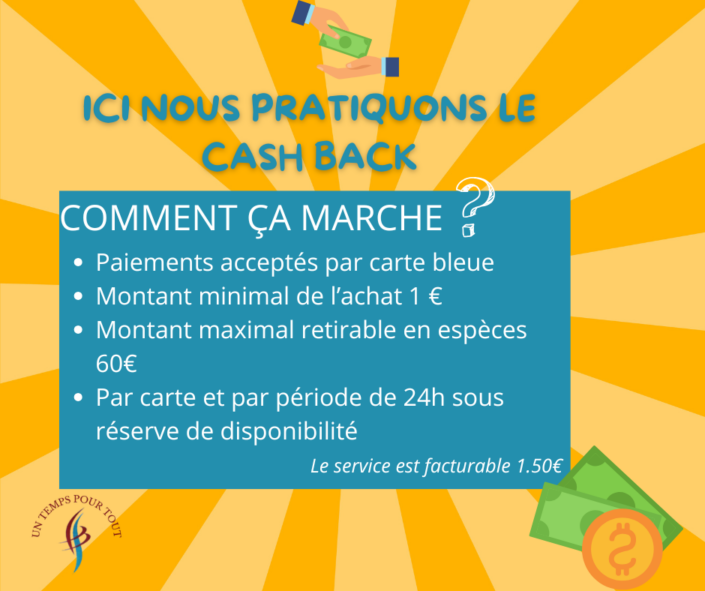 CASH BACK Affiche expliquant le service de cashback en magasin, avec conditions d'utilisation : paiement par carte, retrait maximum de 60€, achat minimum de 1€, service facturé 1,50€.